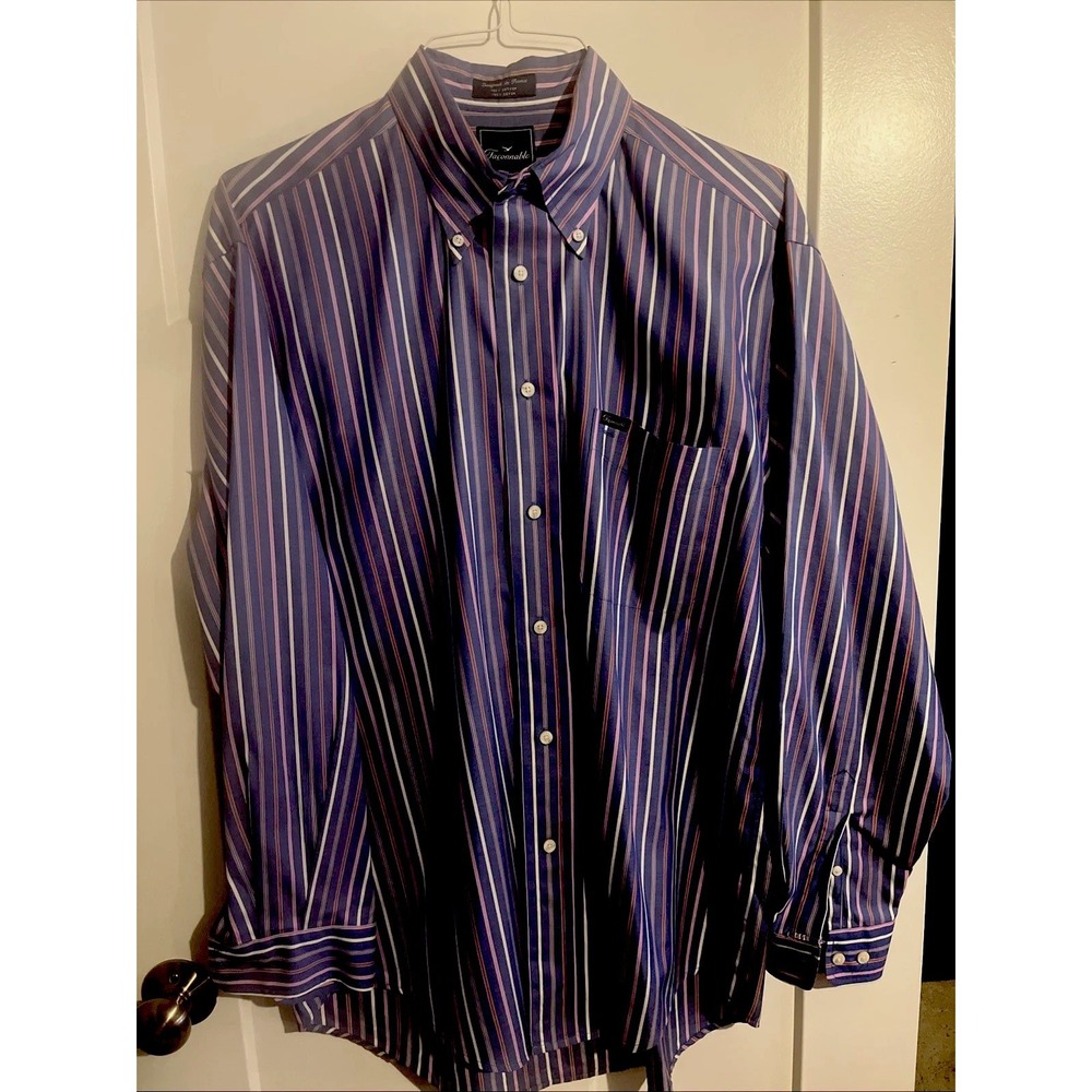 Faconnable Button Down Dress Shirt Men's Size Large Blue Red White Pink Striped